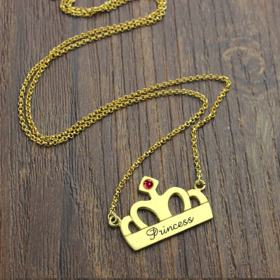 Princess Crown Charm Necklace with Birthstone Name - 18CT Gold