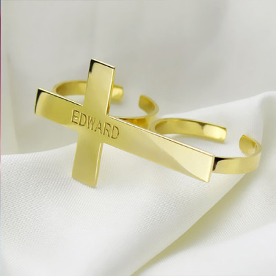 Engraved Name Two finger Cross Ring - 18CT Gold