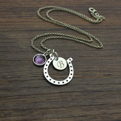 Solid Gold Horseshoe Good Luck Necklace with Initial Birthstone Charm