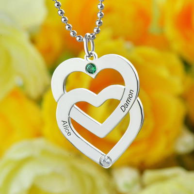 Solid White Gold Double Heart Necklace Engraved Name