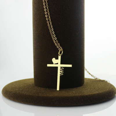 Personalised 18CT Gold Cross Name Necklace with Heart