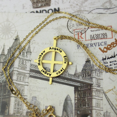 Gold Latin Style Circle Cross Necklace with Any Names