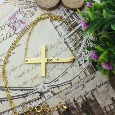 Gold Latin Cross Necklace Engraved Name 1.6"