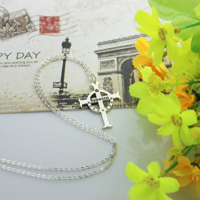 Solid White Gold Circle Cross Name Necklace s with Birthstone Name