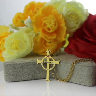 Circle Cross Name Necklace s with Birthstone Name 18CT Gold