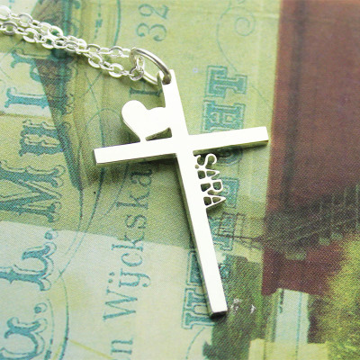 Solid White Gold Cross Name Necklace with Heart