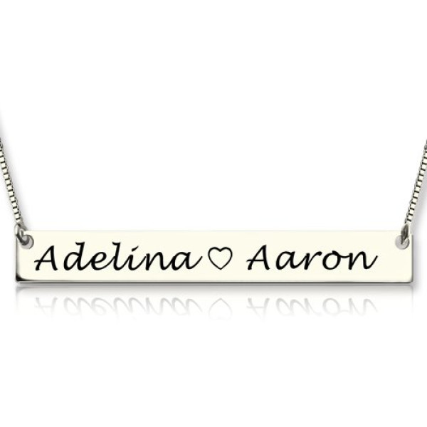 Solid White Gold Couple Bar Necklace Engraved Name