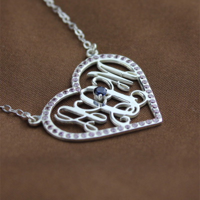 18CT White Gold Heart Birthstone Monogram Necklace