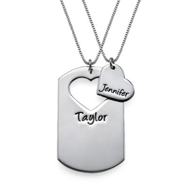 Solid White Gold Couples Dog Tag Necklace With Cut Out Heart