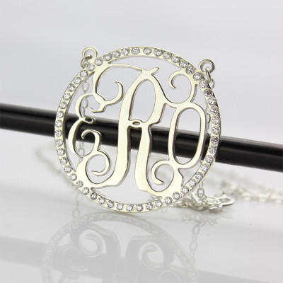 Solid White Gold Birthstone Circle Monogram Necklace