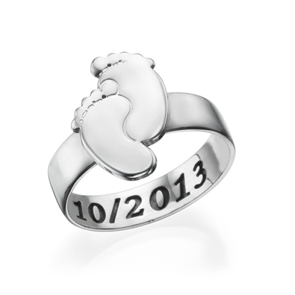 Engraved Baby Feet Solid White Gold Ring