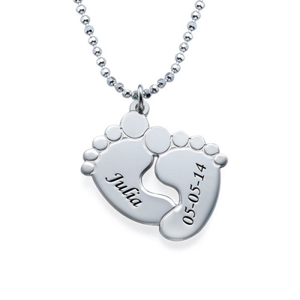 Solid White Gold Engraved Baby Feet Necklace