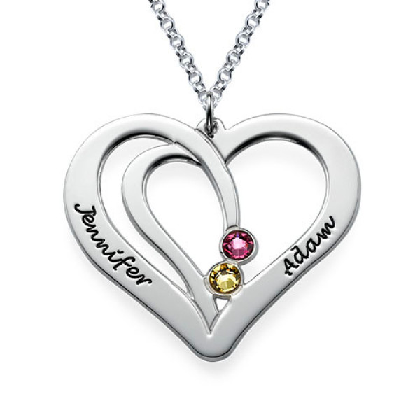 White Gold Engraved Couples Birthstone Necklace