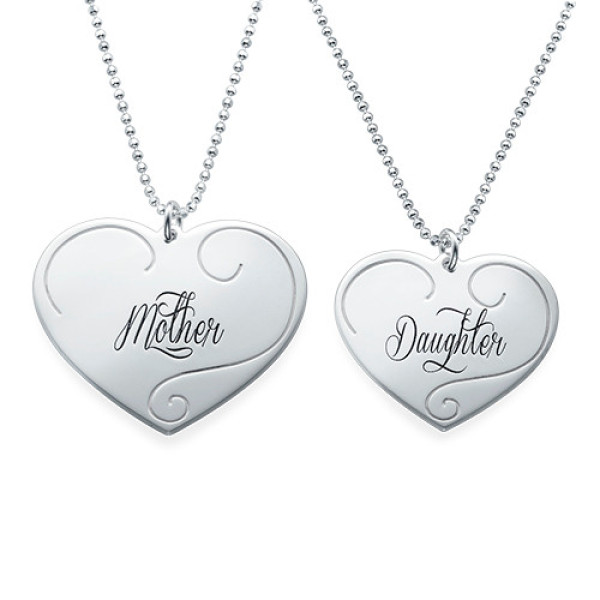 Solid Gold Engraved Heart Pendants - Mother Daughter Jewellery
