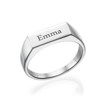 Engraved Signet Solid White Gold Ring