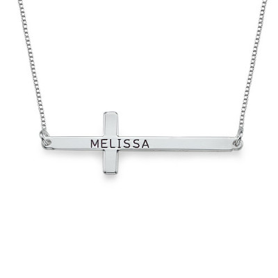 Solid Gold Engraved Sideways Cross Name Necklace