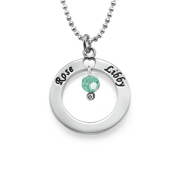 Solid Gold Engraved Classic Circle Necklace with Birthstones