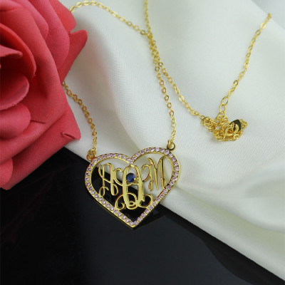 Birthstone Heart Monogram Necklace - 18CT Gold