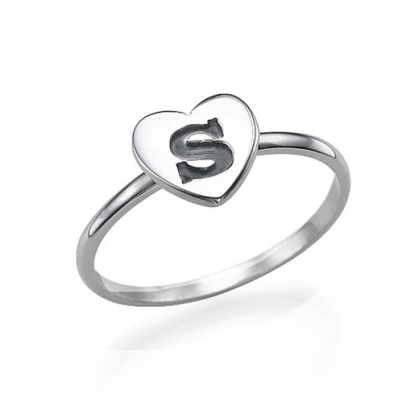 Heart Initial Solid White Gold Ring