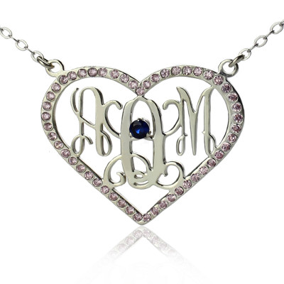 18CT White Gold Heart Birthstone Monogram Necklace