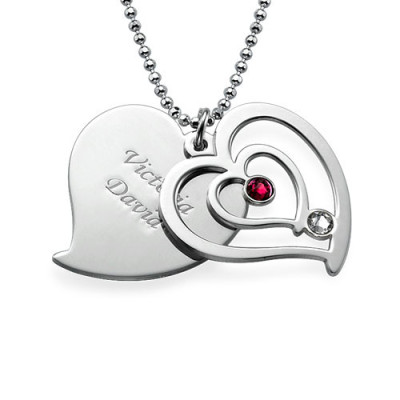 Solid White Gold Couples Birthstone Heart Necklace