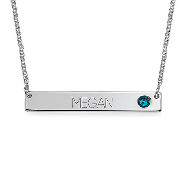 Solid White Gold Bar Name Necklace with Birthstone