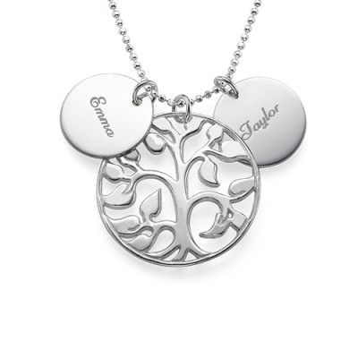 Solid White Gold Engraved Disc Cut Out Family Tree Necklace