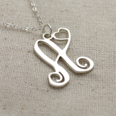 Solid Gold One Initial Monogram With Heart Name Necklace