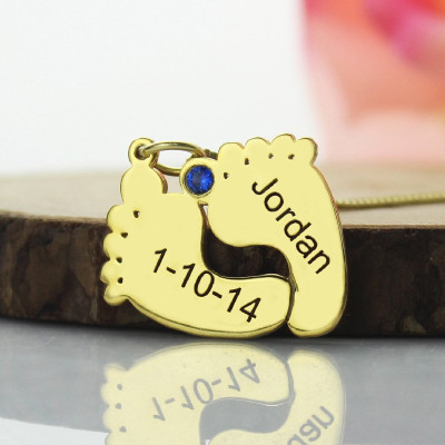 Birthstone Memory Baby Feet Charms with Date Name - 18CT Gold