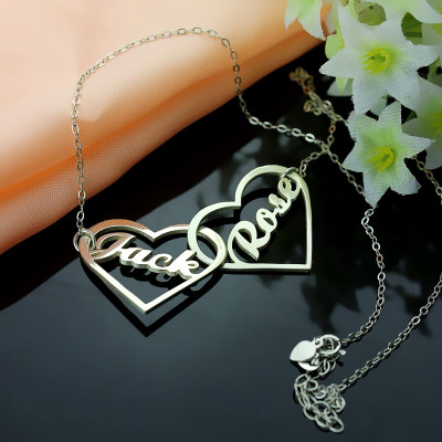 Solid White Gold Double Heart Love Necklace With Names