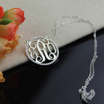 Solid White Gold Birthstone Circle Monogram Necklace