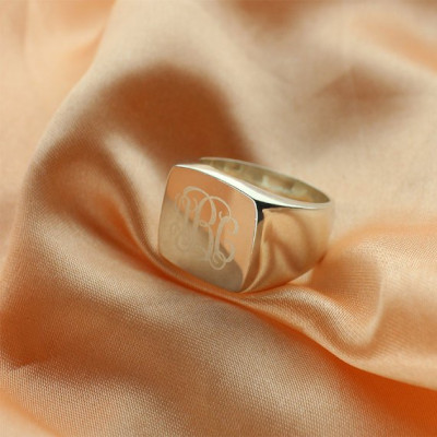 Engraved Square Designs Monogram Solid White Gold Ring