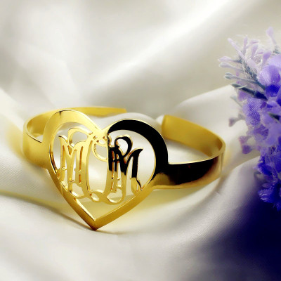 Personal Gold 3 Initials Monogram Bracelets With Heart