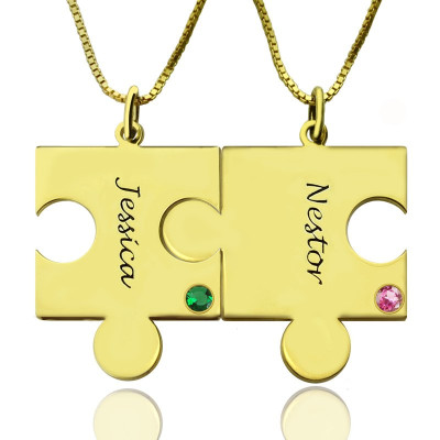 Matching Puzzle Necklace for Couple With Name Birthstone 18CT Gold Plate