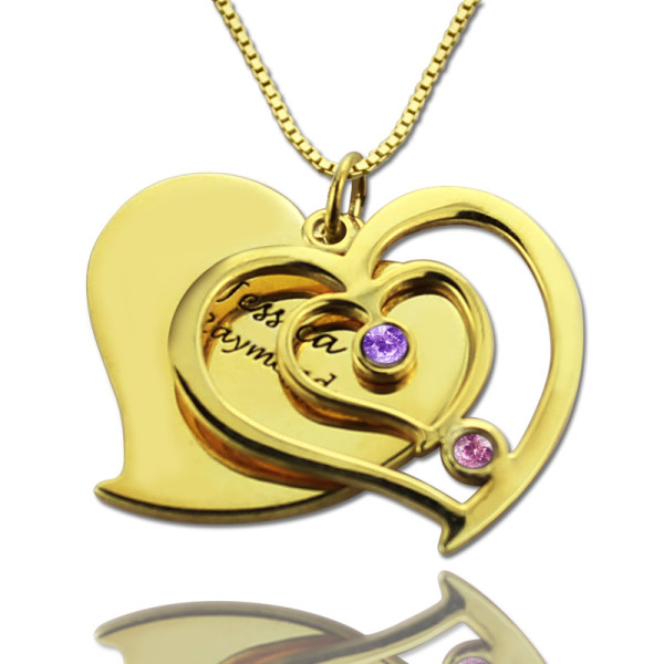 His Her Birthstone Heart Name Necklace - 18CT Gold