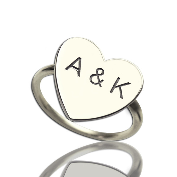 Engraved Sweetheart Solid White Gold Ring with Double Initials