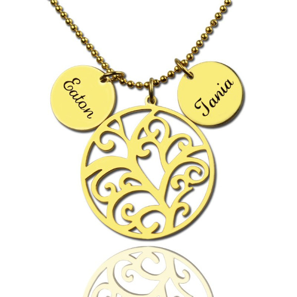 Solid Gold Family Tree Necklace With Name Charm For Mom