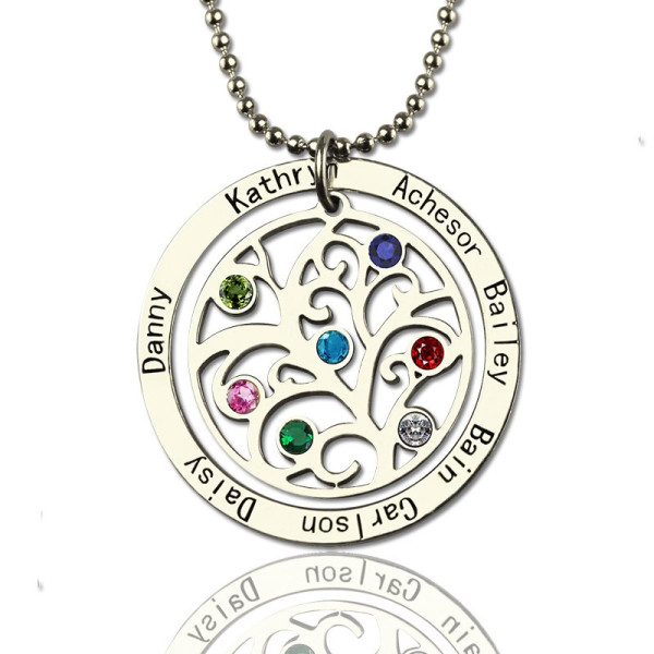 Solid Gold Family Tree Birthstone Name Necklace