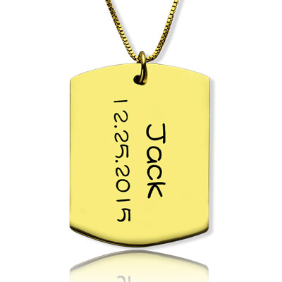 ID Dog Tag Bar Pendant with Name and Birth Date Gold