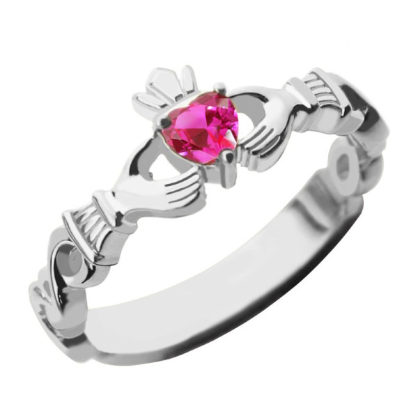 Ladies Claddagh Rings With Birthstone Name - White Gold