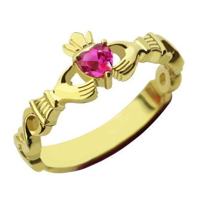 Ladies Modern Claddagh Rings With Birthstone and Name - Gold