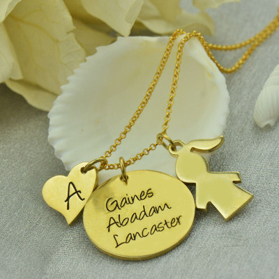 Family Names Pendant For Mother With Kids Charm - 18CT Gold