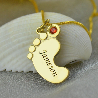 Baby Feet Necklace with birthstone Name Gold
