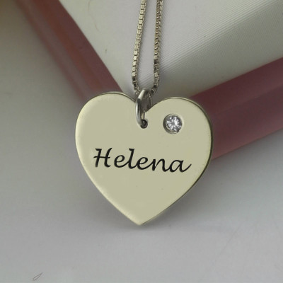 18CT White Gold Simple Heart Name Necklace with Birthstone