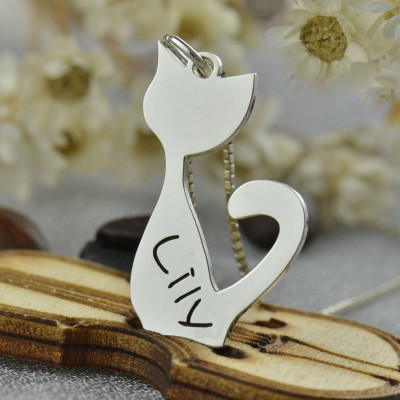 White Gold Personalised Cat Name Charm Necklace