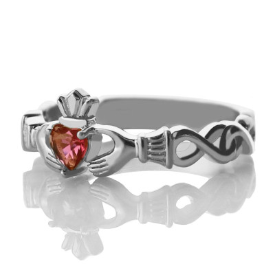 Ladies Claddagh Rings With Birthstone Name - White Gold