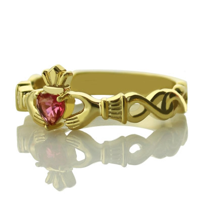 Ladies Modern Claddagh Rings With Birthstone and Name - Gold