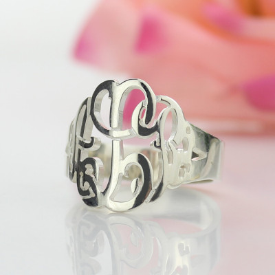 Hand Drawing Monogrammed Solid White Gold Ring