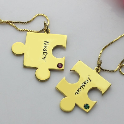 Matching Puzzle Necklace for Couple With Name Birthstone 18CT Gold Plate