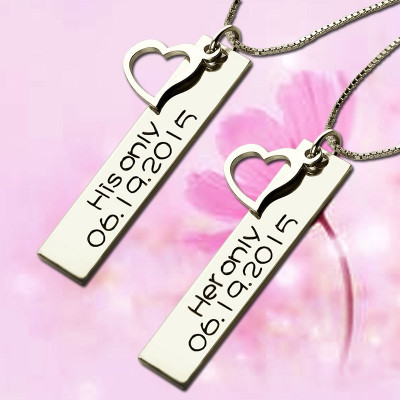 Solid White Gold Couple Bar Name Necklace with Name Date